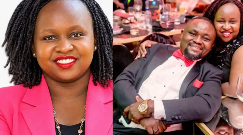 Split composite image showing a headshot of Rosemary Chemutai Kimwatu in a pink blazer on the left, and a photo of her with her husband Kevin Migwe Kimwatu at a formal event on the right.