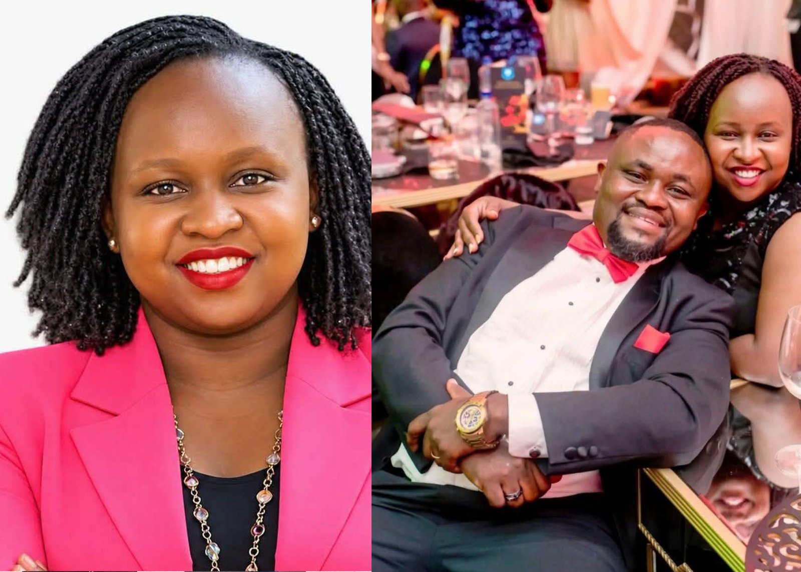 Split composite image showing a headshot of Rosemary Chemutai Kimwatu in a pink blazer on the left, and a photo of her with her husband Kevin Migwe Kimwatu at a formal event on the right.