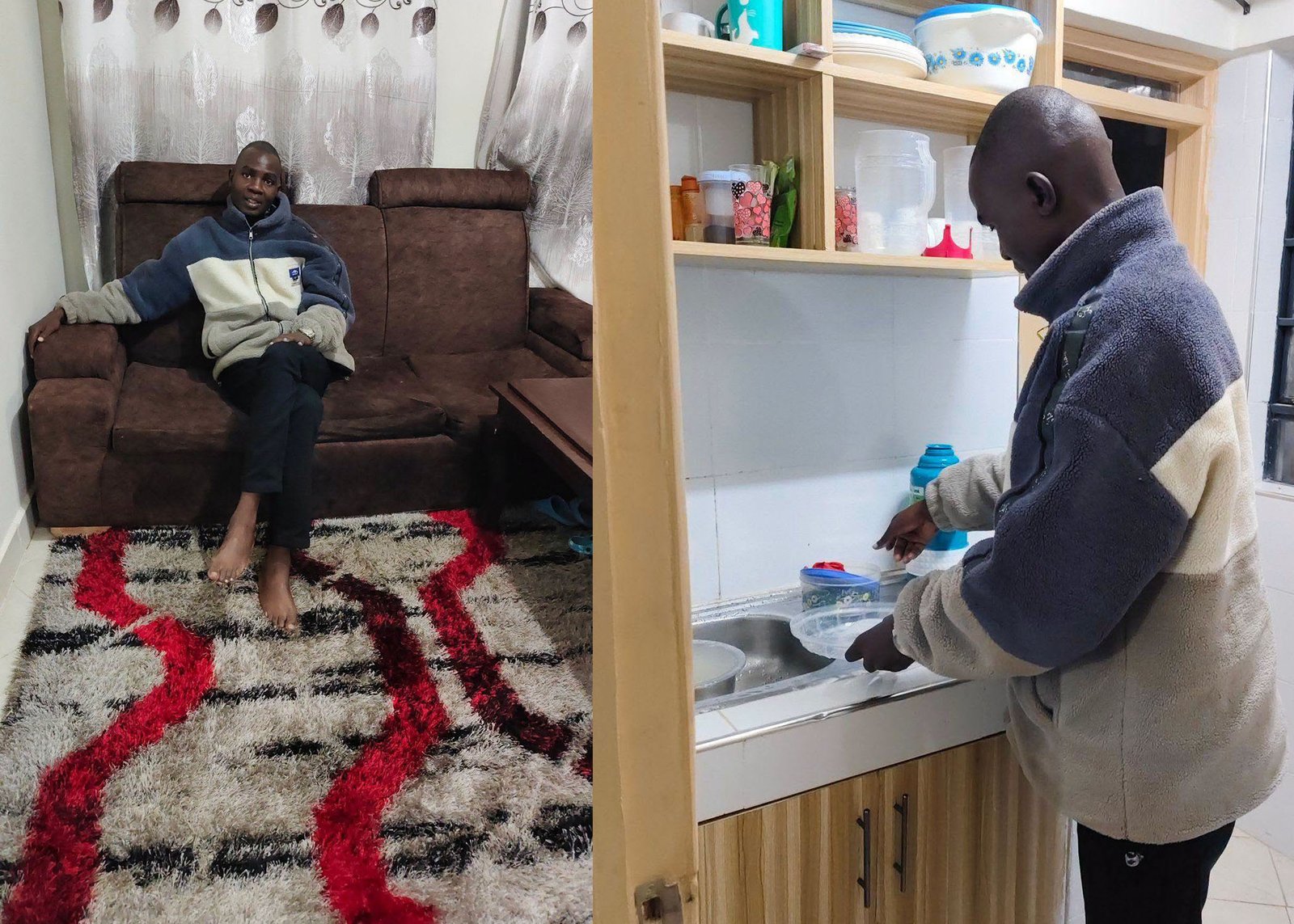 A side-by-side split image showing Nandi politician Robinson Chirchir "Malaria" inside his one-bedroom home. On the left, he sits relaxed on a brown sofa in his living room, which features a red and beige patterned rug. On the right, he stands in his kitchen near a sink and wooden cabinets.