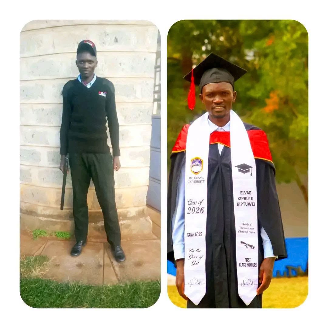 Side-by-side comparison of Elvas Kipruto Tuwei in a security guard uniform holding a baton (left) and wearing a Mount Kenya University graduation gown with a First Class Honours sash (right).