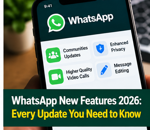 Editorial illustration of a smartphone displaying WhatsApp features and updates for 2026.