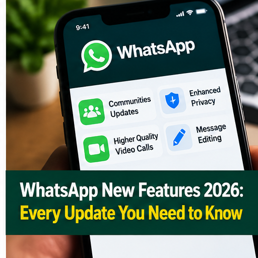 Editorial illustration of a smartphone displaying WhatsApp features and updates for 2026.