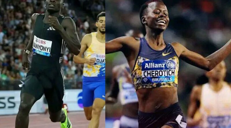 Side-by-side photo of Kenyan runners Emmanuel Wanyonyi sprinting in the men's 800m and Faith Cherotich celebrating victory at the finish line in the women's 3000m steeplechase.