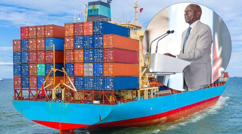 Cargo ship loaded with multi-colored shipping containers at sea with an inset image of Kenyan President William Ruto speaking at a podium.