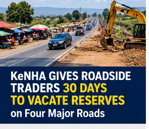 Editorial illustration of roadside traders and a highway affected by a KeNHA road-reserve notice.