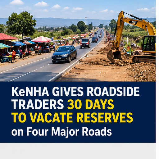 Editorial illustration of roadside traders and a highway affected by a KeNHA road-reserve notice.