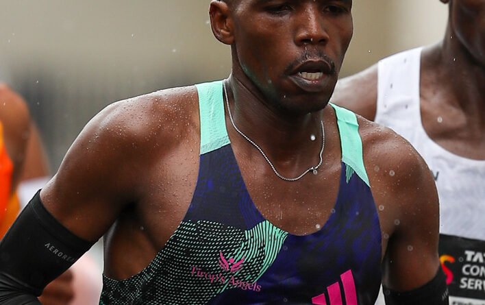 Amos Kipruto competing at the 2023 London Marathon; archive photograph, not Chicago 2026