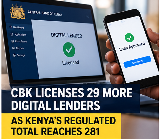 Editorial illustration of licensed digital lending in Kenya following new CBK approvals.