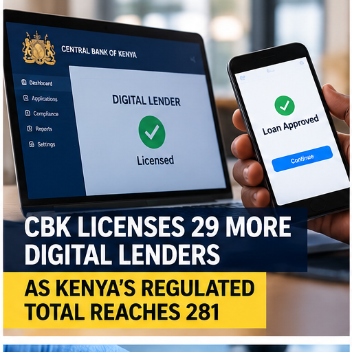 Editorial illustration of licensed digital lending in Kenya following new CBK approvals.