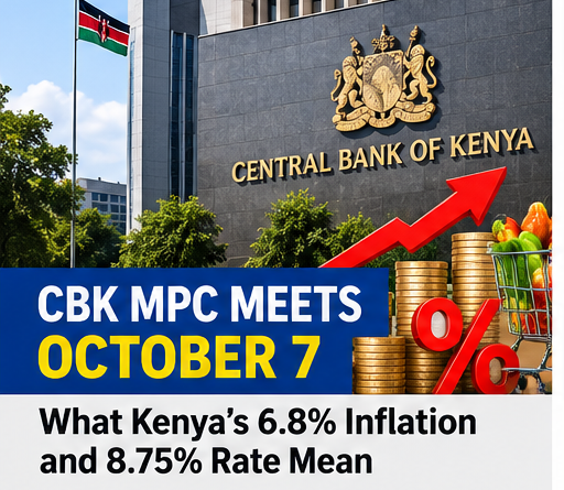 Editorial illustration for Kenya's October 7 CBK MPC meeting, inflation and interest-rate outlook.