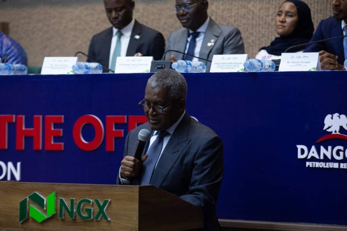 Aliko Dangote speaking at the Dangote Petroleum Refinery IPO launch at the Nigerian Exchange in September 2026.