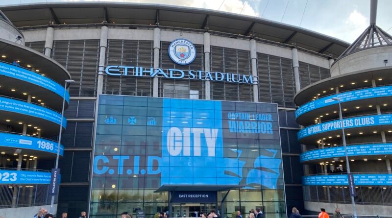 Exterior of Manchester City's Etihad Stadium photographed April 2023, not the Ipswich match