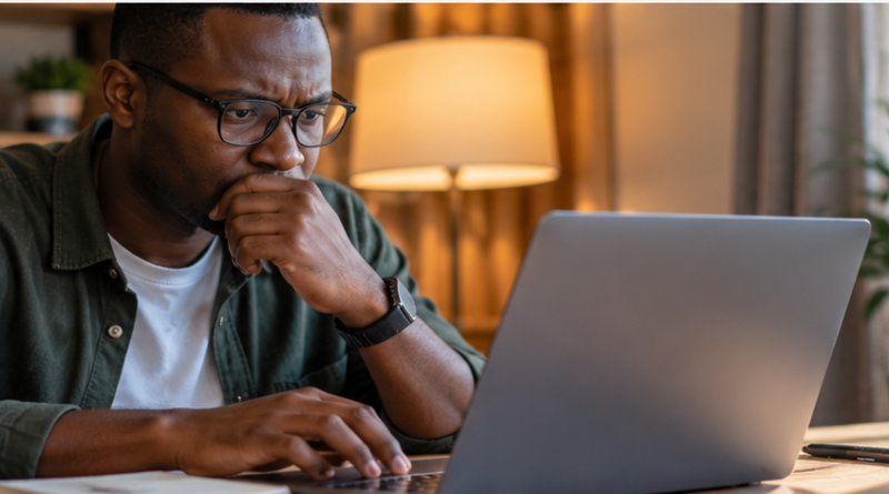 A man reviewing account security on a laptop after a suspected social media account problem.