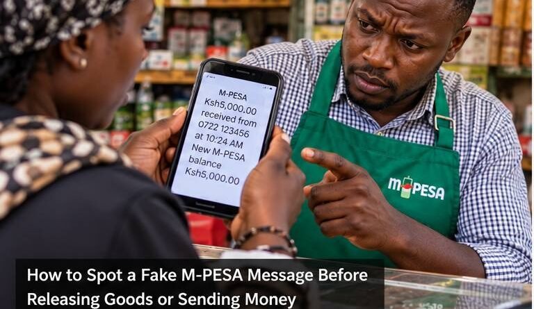 A customer and mobile-money merchant checking an M-PESA payment message before goods are released.
