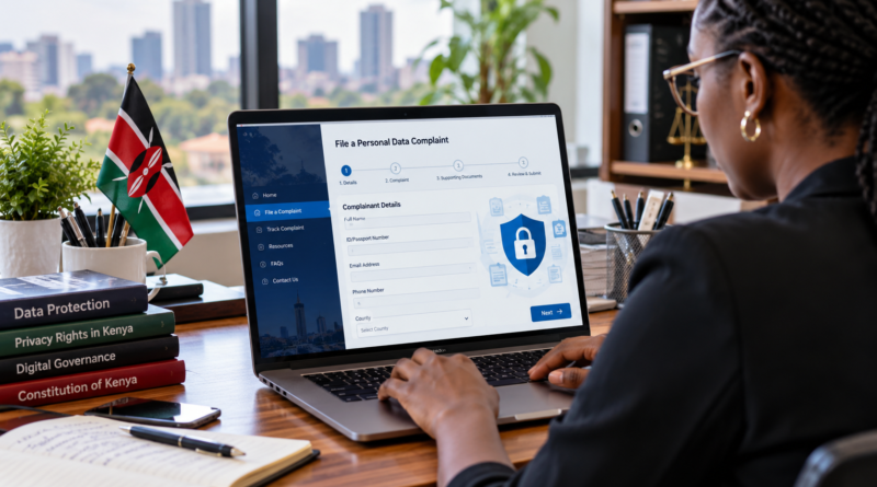 Kenyan user filing a personal data protection complaint online using a laptop.