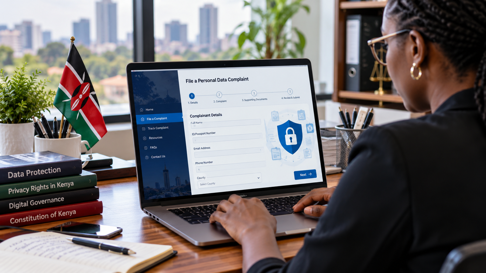 Kenyan user filing a personal data protection complaint online using a laptop.