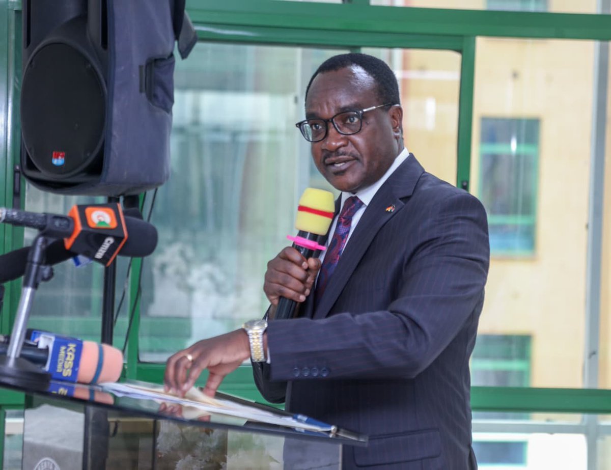 Education Cabinet Secretary Julius Ogamba speaking at KNEC Mitihani House in Nairobi
