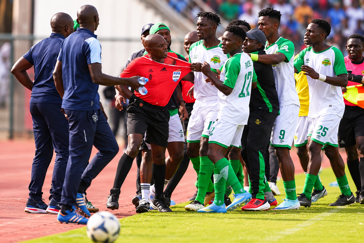 Kariobangi Sharks players and match officials in a chaotic confrontation on the touchline.
