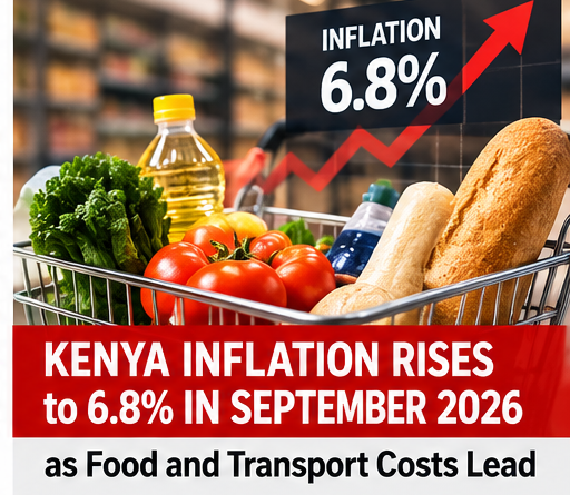 Editorial illustration of rising food and transport costs as Kenya inflation reaches 6.8 percent.