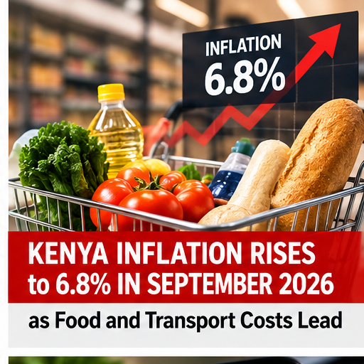Editorial illustration of rising food and transport costs as Kenya inflation reaches 6.8 percent.
