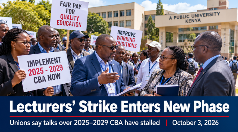 Editorial illustration of university lecturers holding placards during a peaceful strike in Kenya