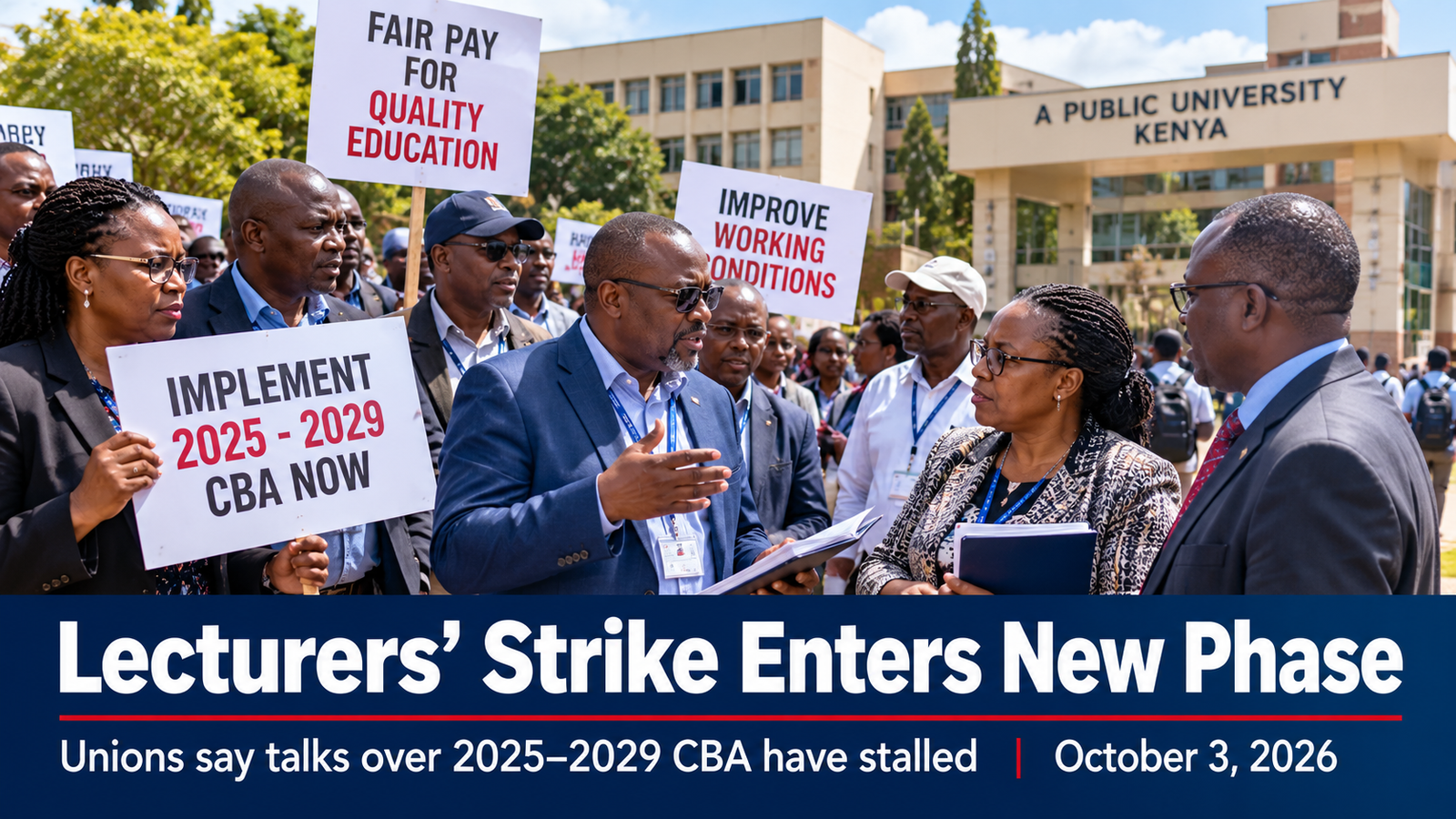 Editorial illustration of university lecturers holding placards during a peaceful strike in Kenya