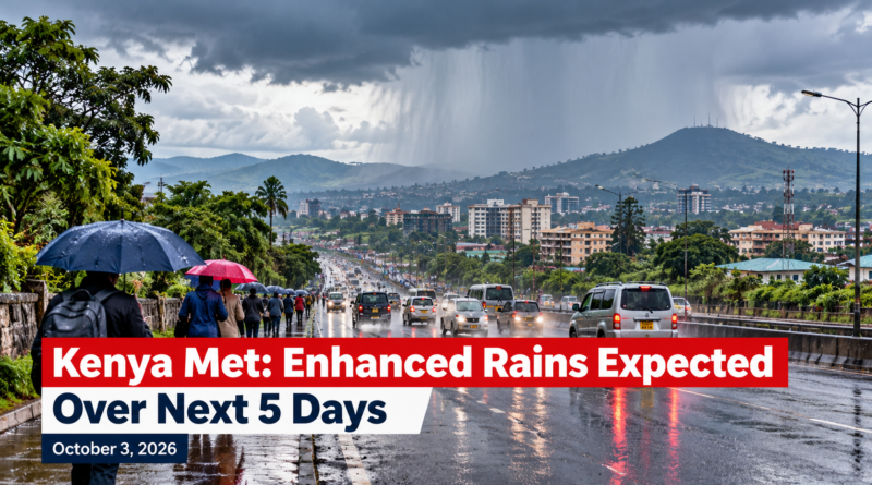 Editorial illustration of heavy rain over a Kenyan city as motorists and pedestrians travel on wet roads