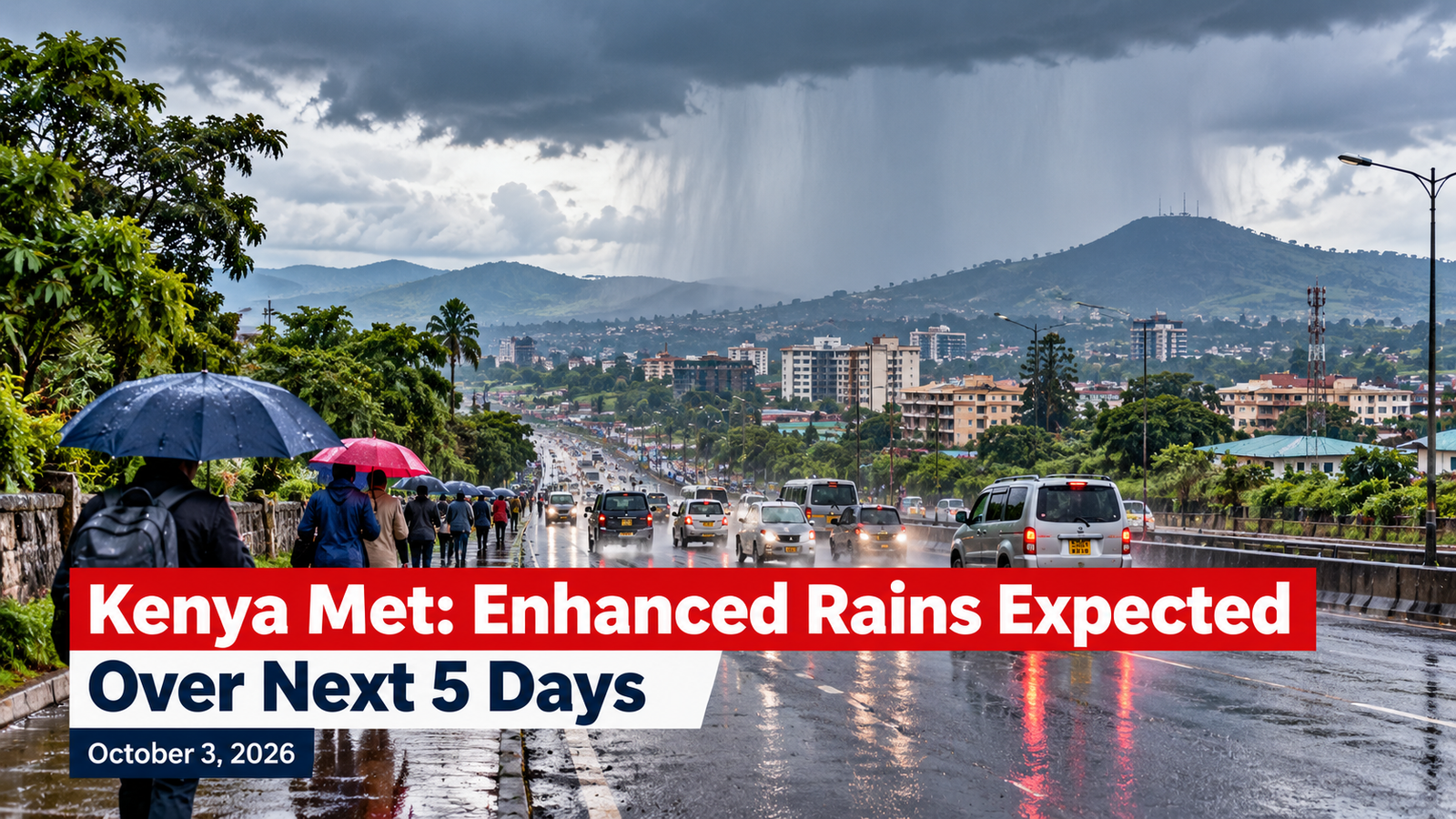 Editorial illustration of heavy rain over a Kenyan city as motorists and pedestrians travel on wet roads