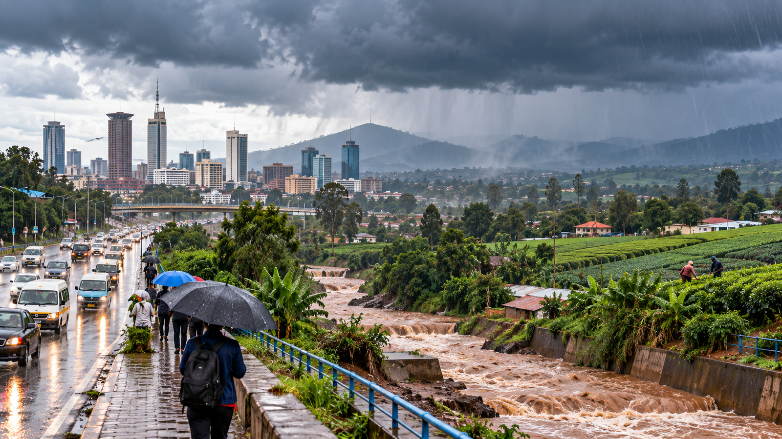 Editorial illustration of heavy rain over a Kenyan city and farming areas during the October 2026 rainy season.