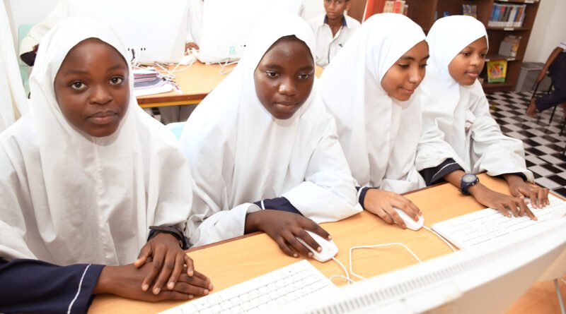 Girls at Shela Primary School in Lamu during a digital learning session in February 2026