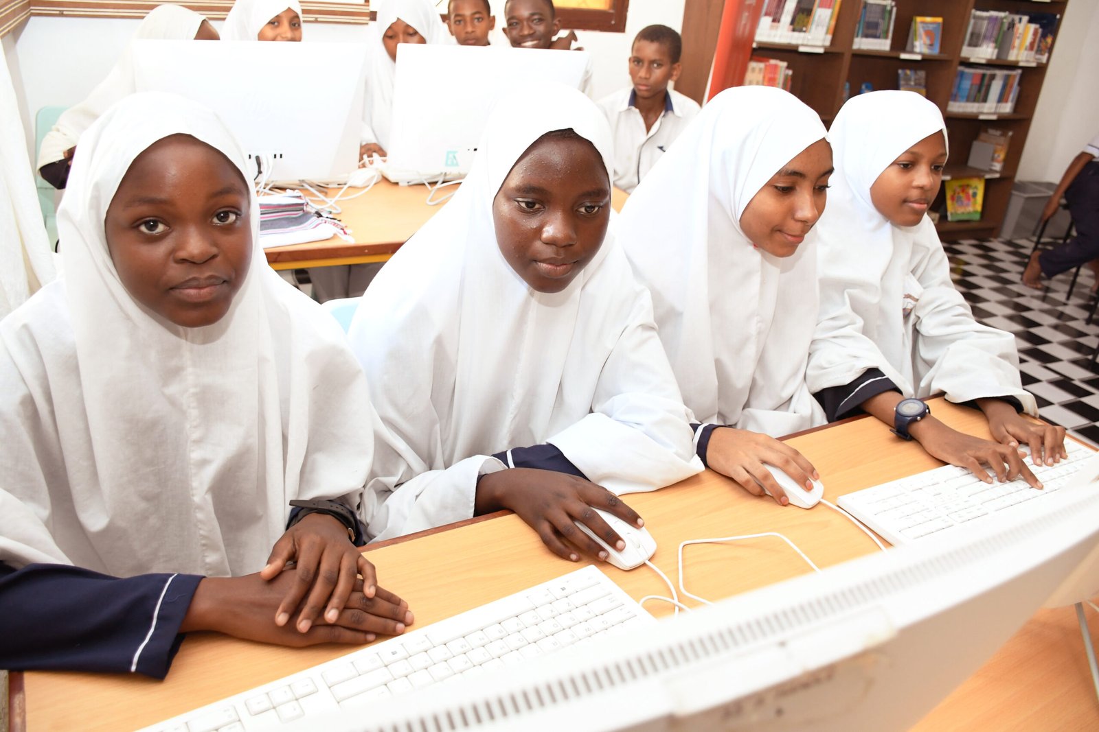 Girls at Shela Primary School in Lamu during a digital learning session in February 2026