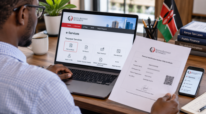 Kenyan taxpayer using an online tax portal to retrieve and reprint a KRA PIN certificate.