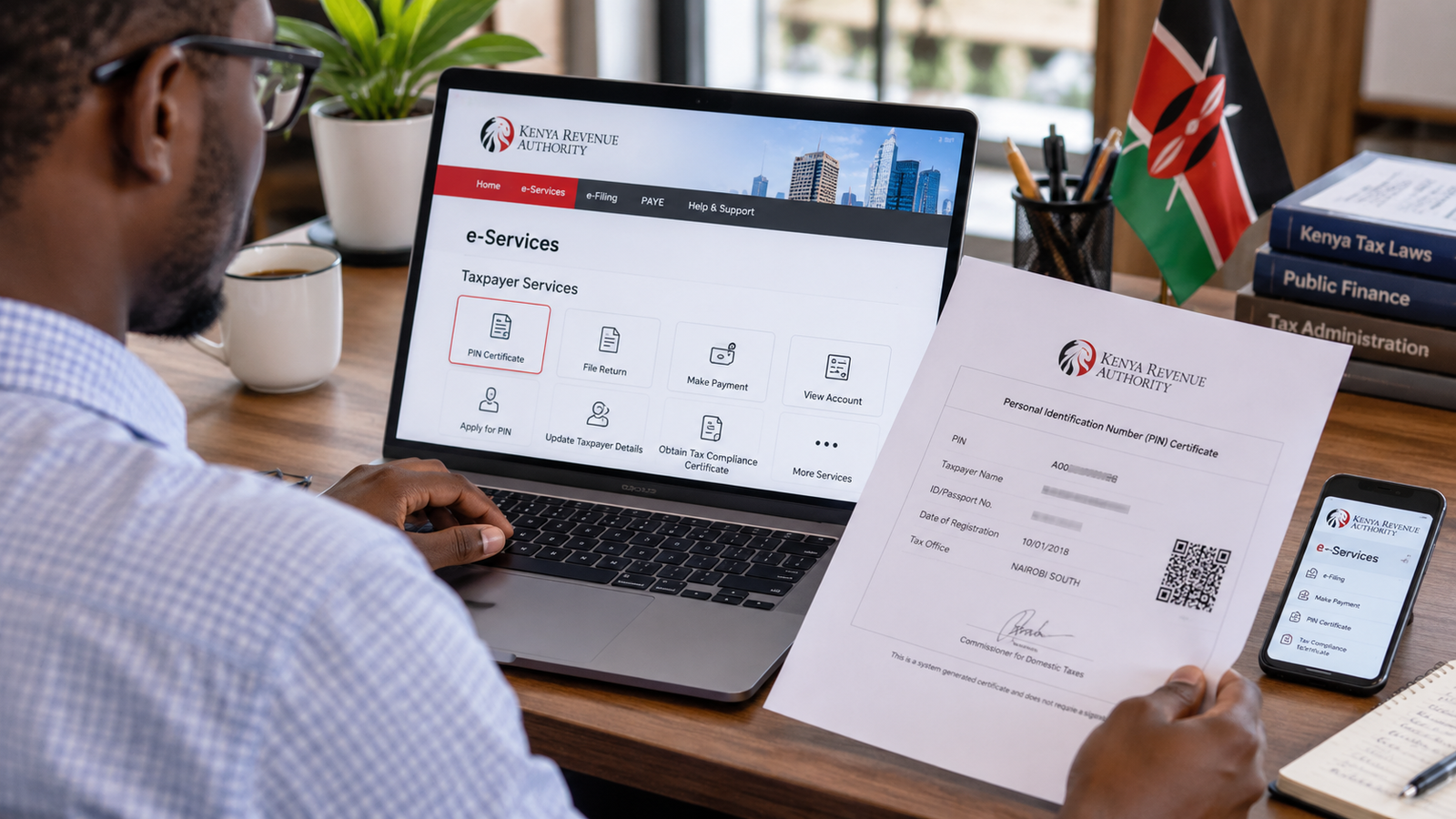 Kenyan taxpayer using an online tax portal to retrieve and reprint a KRA PIN certificate.