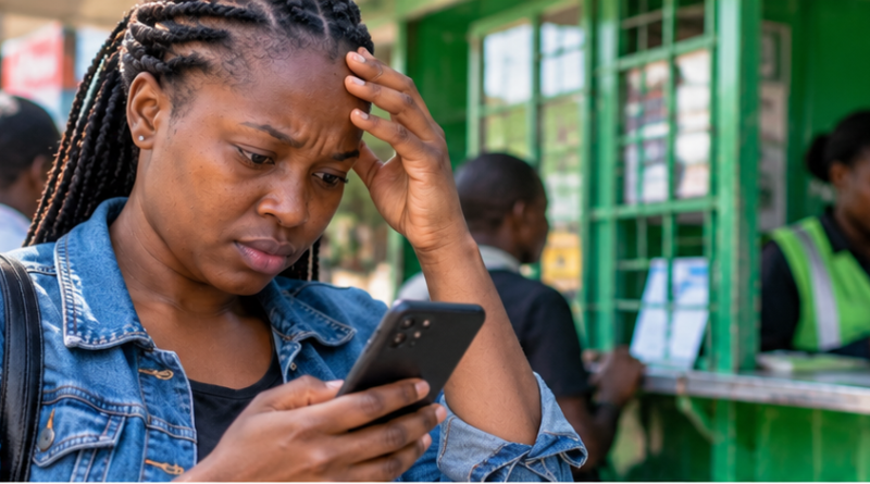A worried Kenyan woman checking her phone beside a mobile money kiosk after a payment problem.