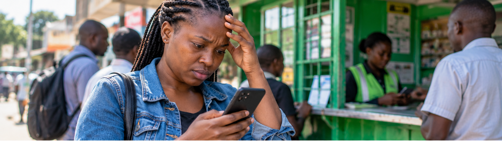 A worried Kenyan woman checking her phone beside a mobile money kiosk after a payment problem.