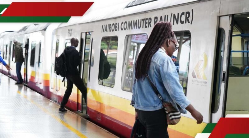 Passenger boarding a Nairobi Commuter Rail train at a station platform