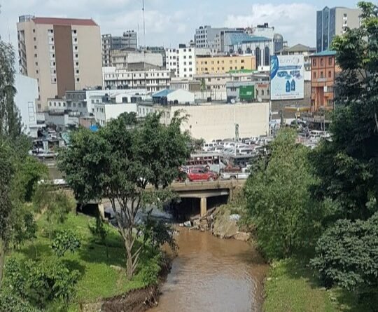 Nairobi River flowing near Globe Roundabout, photographed in 2020; archival photograph