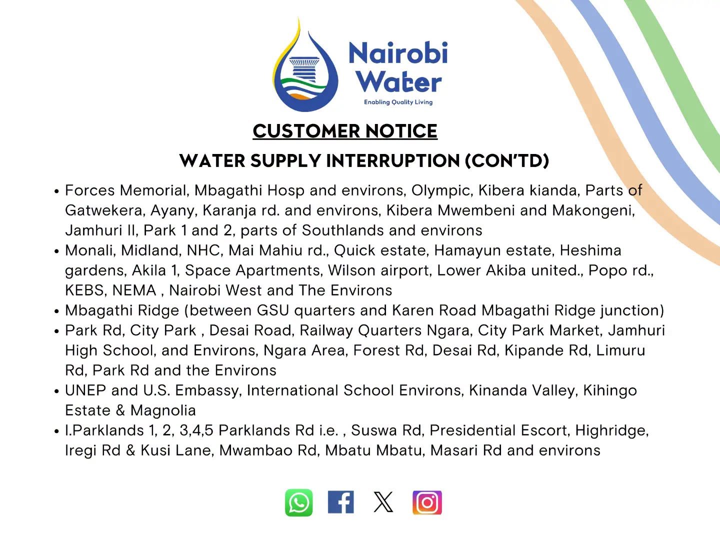 Nairobi Water notice listing additional affected locations including Kibera Nairobi West Ngara and Parklands