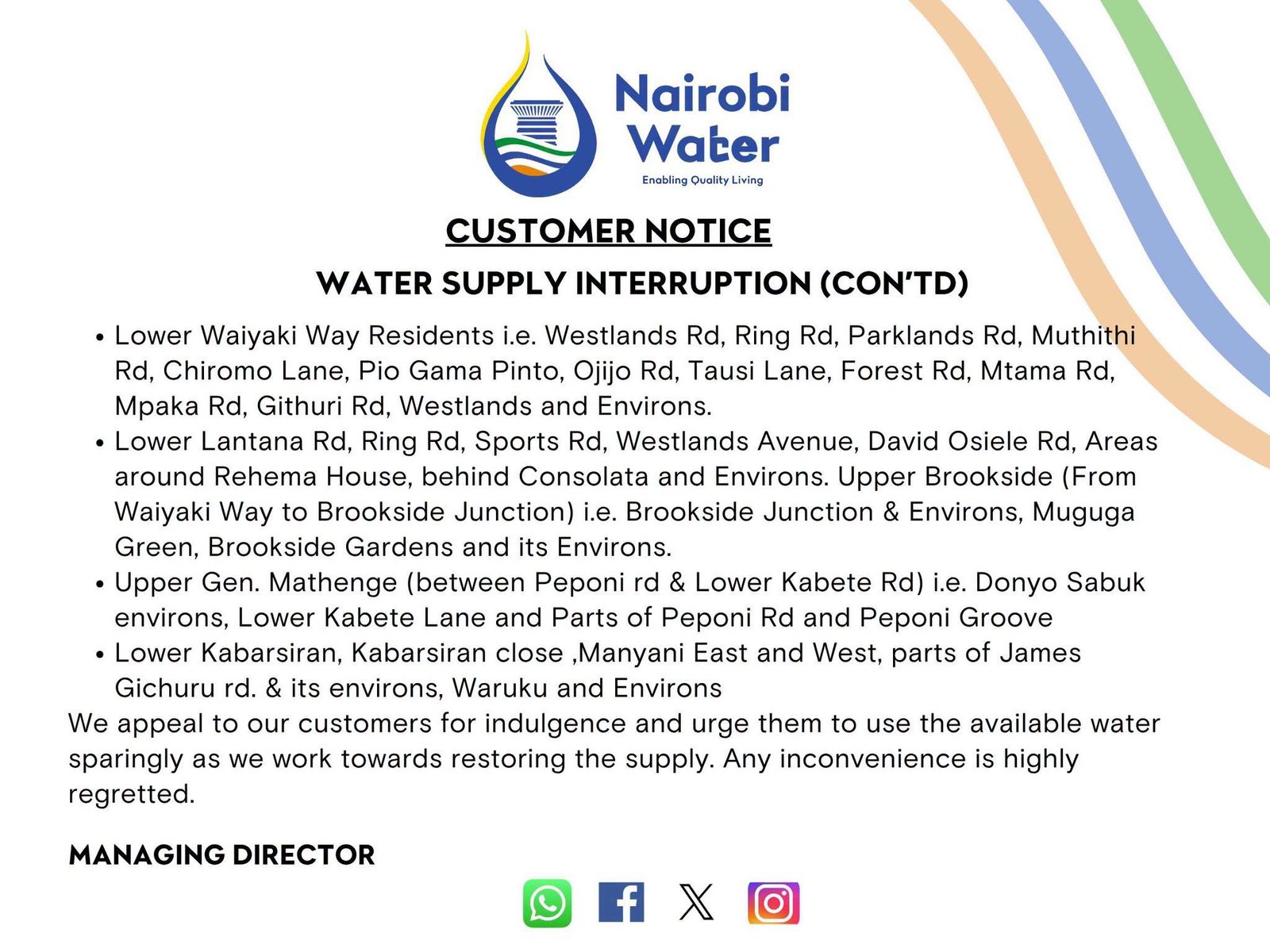 Nairobi Water notice listing Westlands Brookside General Mathenge and Kabete affected areas