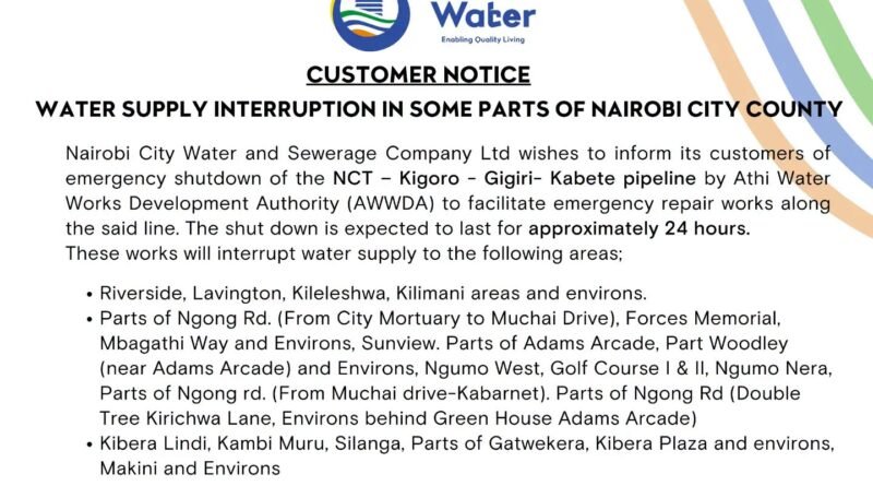 Nairobi City Water and Sewerage Company official customer notice listing areas affected by October 13 2026 pipeline shutdown