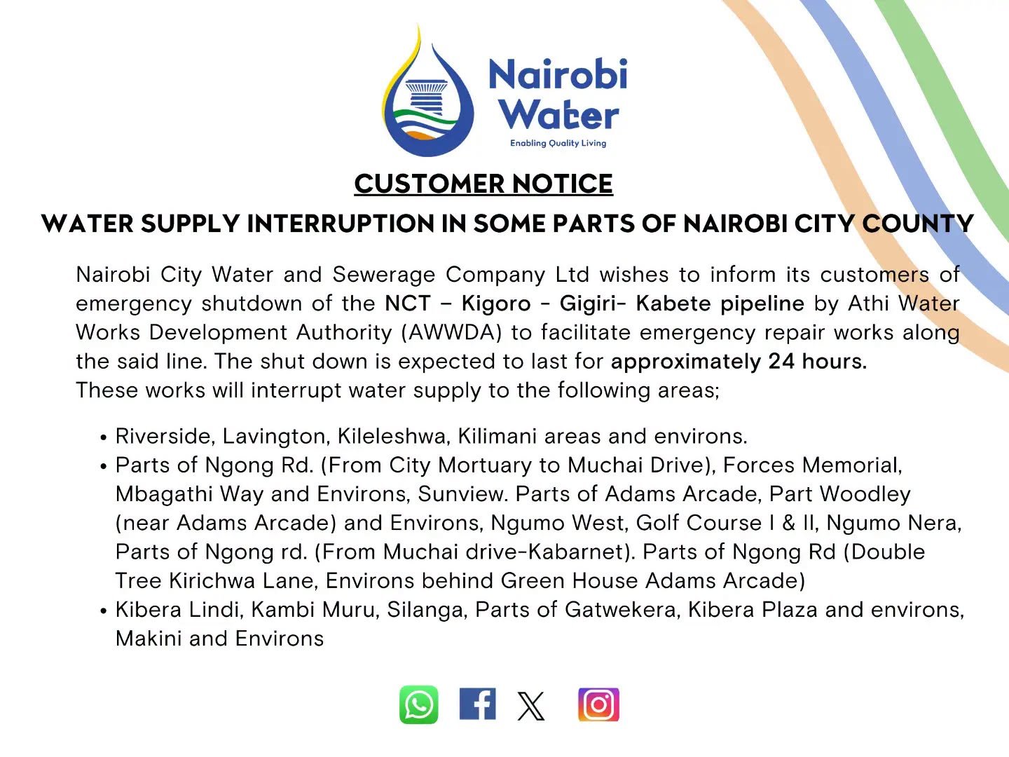 Nairobi Water official notice announcing emergency 24-hour pipeline shutdown and initial affected areas