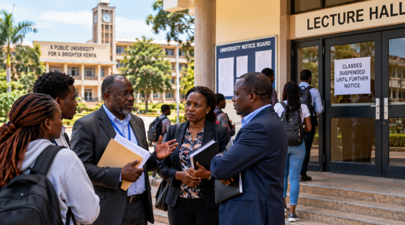 Editorial illustration of Kenyan university staff and students outside a lecture hall during a labour dispute.