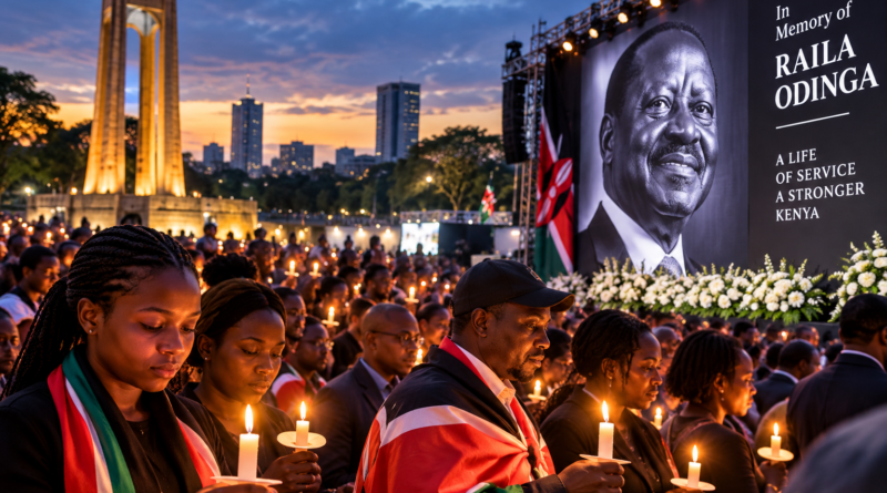 Editorial illustration of Kenyans holding candles at a memorial gathering for Raila Odinga in Nairobi.