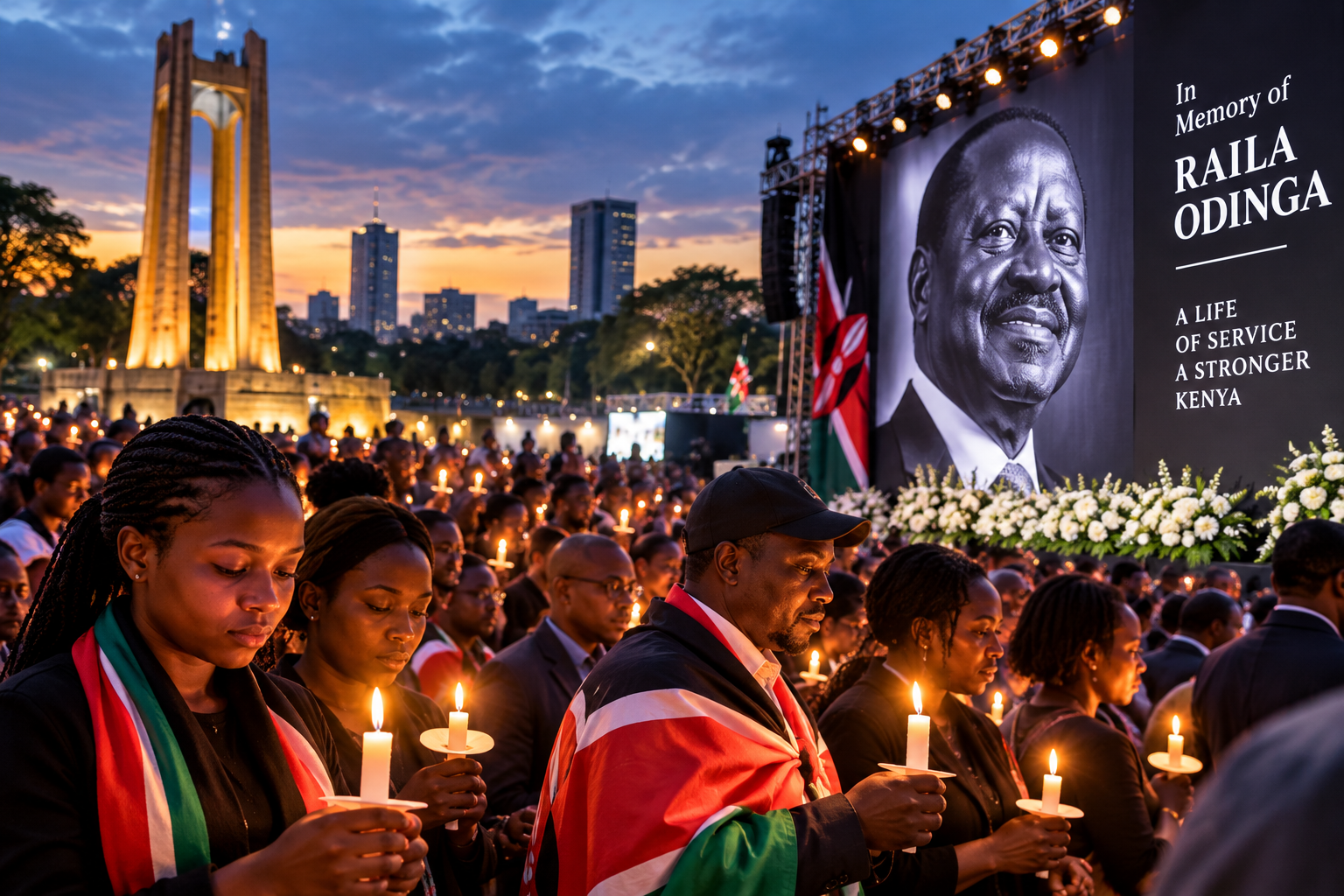 Editorial illustration of Kenyans holding candles at a memorial gathering for Raila Odinga in Nairobi.