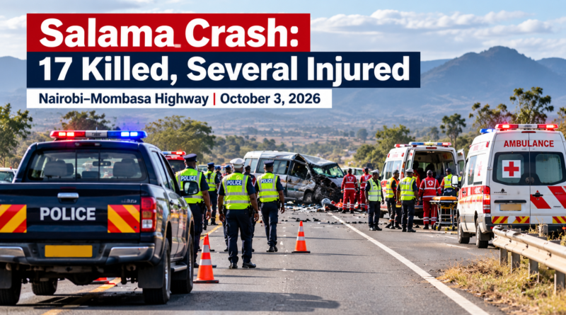 Editorial illustration of emergency responders at a road crash scene on the Nairobi-Mombasa Highway near Salama