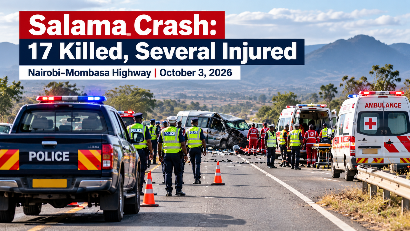 Editorial illustration of emergency responders at a road crash scene on the Nairobi-Mombasa Highway near Salama