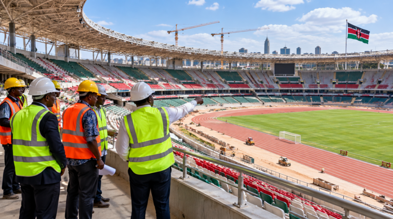 Editorial illustration of officials inspecting a major stadium project under construction in Nairobi.