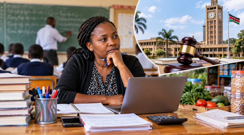 Editorial illustration of a Kenyan teacher balancing classroom work and a side business as Parliament considers new TSC rules.