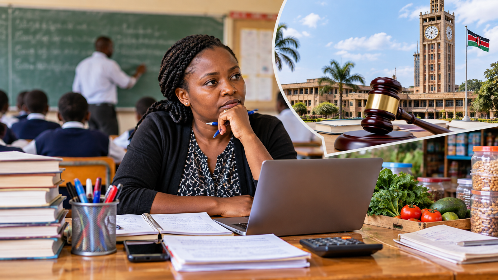 Editorial illustration of a Kenyan teacher balancing classroom work and a side business as Parliament considers new TSC rules.