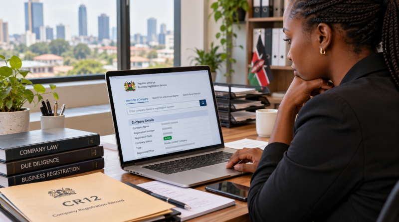 Kenyan business professional verifying company registration details online before making a payment.